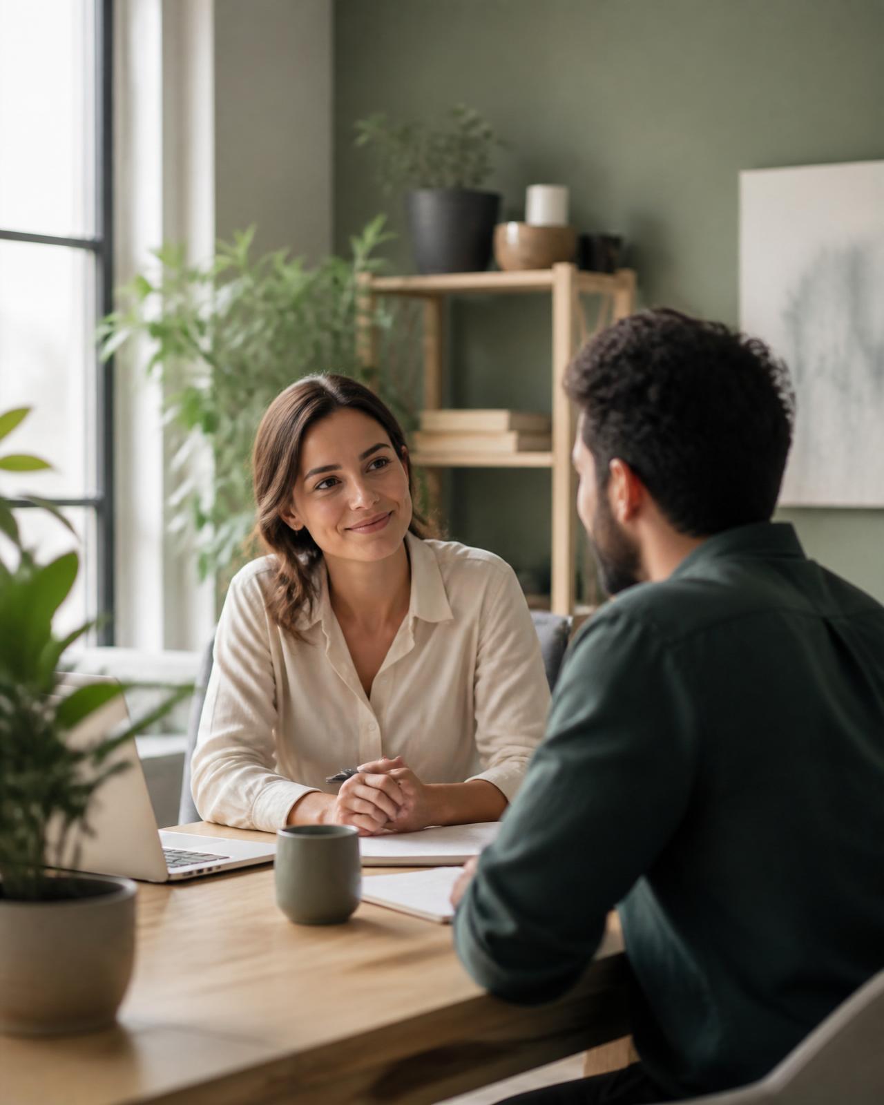 Deux collègues d'une PME en conversation apaisée dans un bureau lumineux